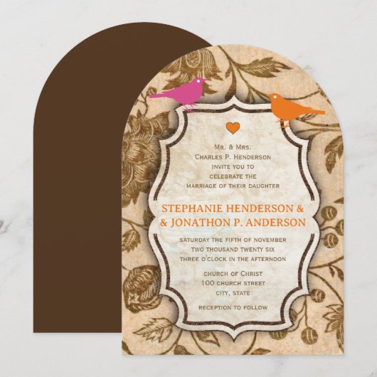 roze en ornage Love Bird Wedding Wedding Kaart (Voorkant / Achterkant)