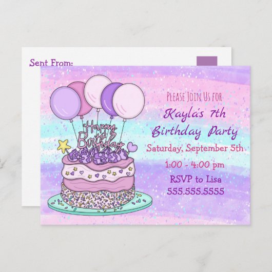 Roze en Paars Briefkaart van de verjaardag van het (Voorkant / Achterkant)