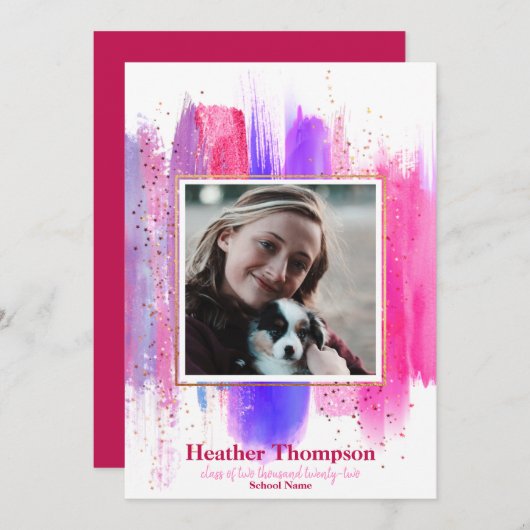 Roze en Paars gekleurd glitter Sparkles Afstuderen Kaart (Voorkant / Achterkant)