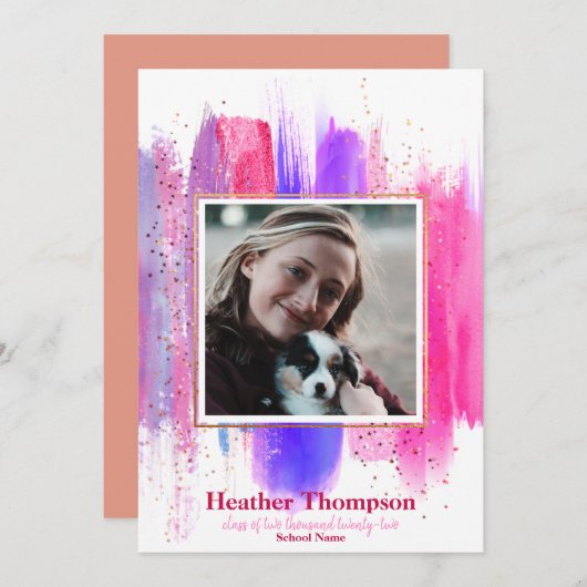 Roze en Paars gekleurd glitter Sparkles Afstuderen Kaart (Voorkant / Achterkant)