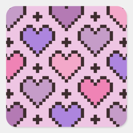 Roze en paars pixel hartpatroon vierkante sticker (Voorkant)