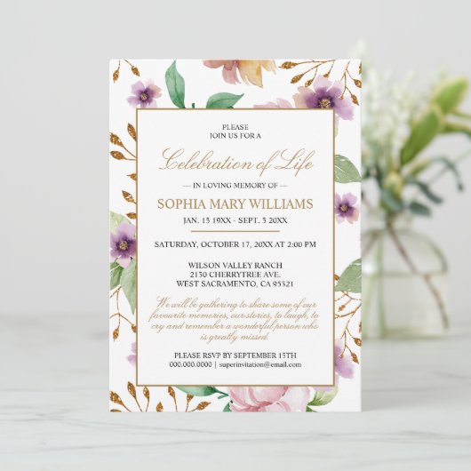 Roze en Paars Roos begrafenisviering van het leven Kaart (Staand voorkant)