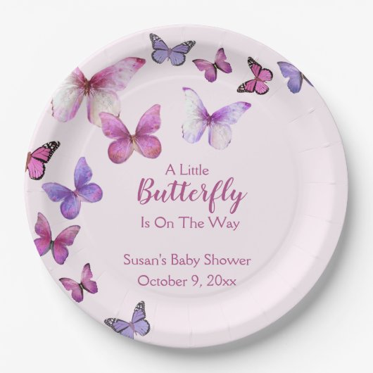 Roze en Paarse A Little Butterfly Baby shower Papieren Bordje (Voorkant)