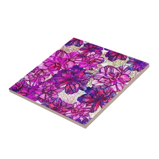 Roze en Paarse Abstracte bloemen Tegeltje (Zijkant)