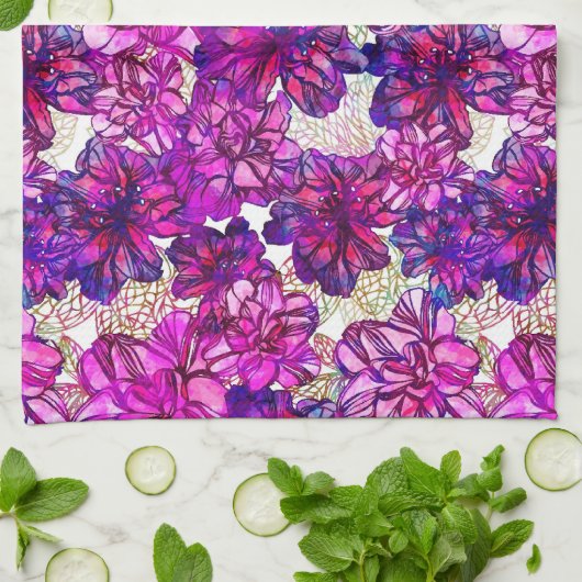 Roze en Paarse Abstracte bloemen Theedoek (Gevouwen)