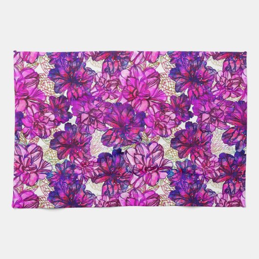 Roze en Paarse Abstracte bloemen Theedoek (Horizontaal)