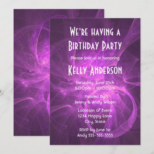 Roze en Paarse Abstracte fractal Birthday Party Kaart (Voorkant / Achterkant)