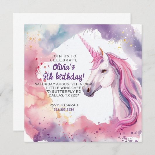 Roze en Paarse Aquarel Eenhoorn Verjaardag Kaart (Voorkant / Achterkant)