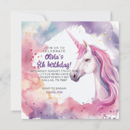 Roze en Paarse Aquarel Eenhoorn Verjaardag Kaart