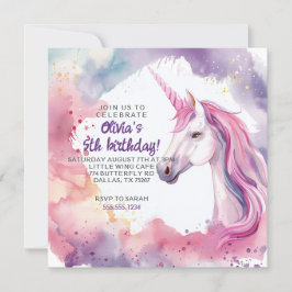 Roze en Paarse Aquarel Eenhoorn Verjaardag Kaart