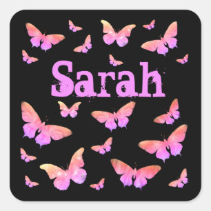 Roze en Paarse Artsy Butterfly Art Sarah Girls Nam Vierkante Sticker