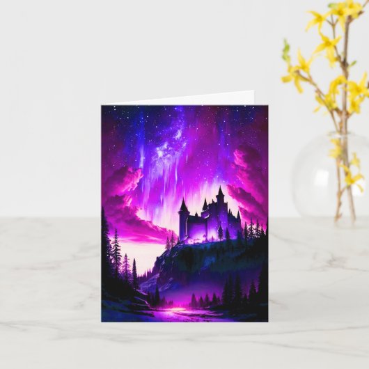 Roze en Paarse Aurora Borealis over een wit gezich Kaart (Gele Bloem)