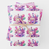Roze en Paarse Axolotl Girl's Verjaardagsfeest Inpakpapier Vel (In situ)