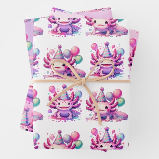 Roze en Paarse Axolotl Girl's Verjaardagsfeest Inpakpapier Vel (In situ)