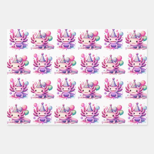 Roze en Paarse Axolotl Girl's Verjaardagsfeest Inpakpapier Vel (Voorkant)