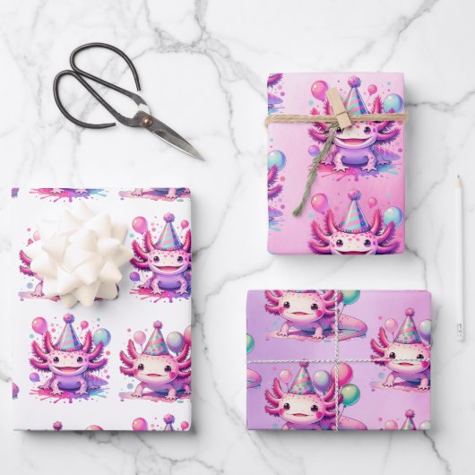 Roze en Paarse Axolotl Girl's Verjaardagsfeest Inpakpapier Vel (Voorkant)