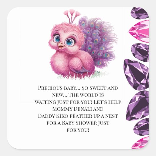 Roze en Paarse Baby Peacock Baby shower Vierkante Sticker (Voorkant)