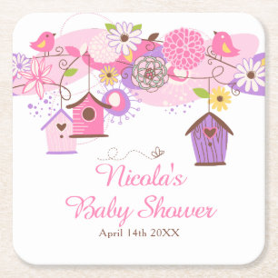 Roze en Paarse Bloem Kooi Baby Shower Kartonnen Onderzetters