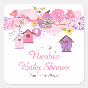 Roze en Paarse Bloem Kooi Baby Shower Vierkante Sticker