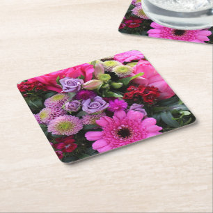 Roze en paarse bloemboeket foto kartonnen onderzetters