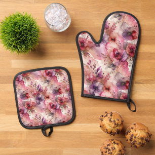 Roze en paarse bloemen Alcohol inkt illustratie Ovenwant & Pannenlap Set