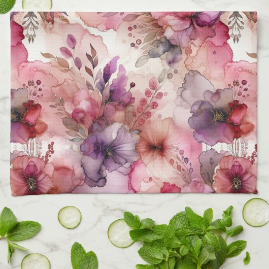 Roze en paarse bloemen Alcohol inkt illustratie Theedoek (Gevouwen)