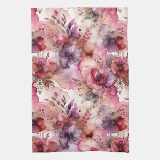 Roze en paarse bloemen Alcohol inkt illustratie Theedoek (Verticaal)