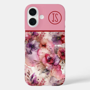 Roze en paarse bloemen Alcohol inkt Monogrammed iPhone 16 Hoesje