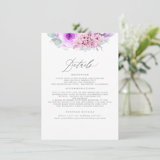 Roze en Paarse Bloemen Bruiloft Informatie Informatiekaartje (Staand voorkant)