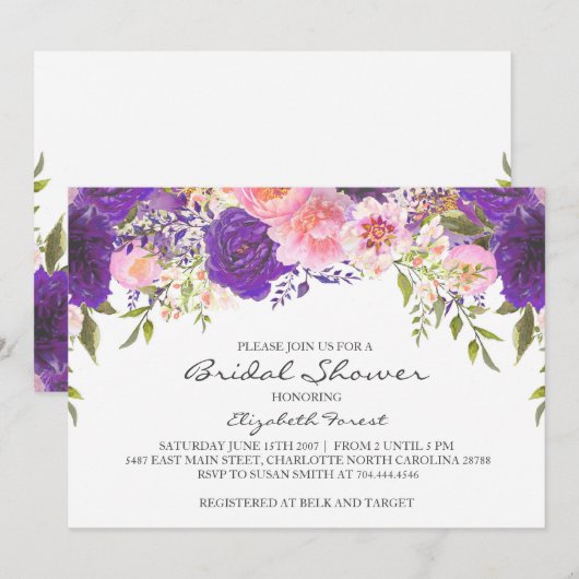 Roze en paarse bloemen, bruine doucheuitnodiging kaart (Voorkant / Achterkant)