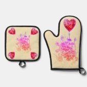 Roze en paarse bloemen en harten ovenwant & pannenlap set (Voorkant)