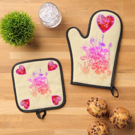 Roze en paarse bloemen en harten ovenwant & pannenlap set (Top down)