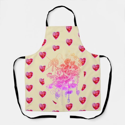 Roze en paarse bloemen en harten schort (Voorkant)