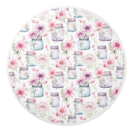 Roze en Paarse Bloemen en Mason Jars Keramische Knop (Voorkant)