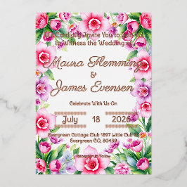 Roze en Paarse bloemen Folie uitnodiging