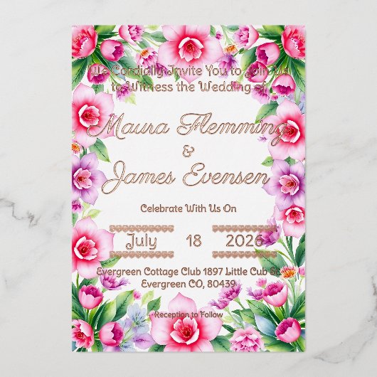 Roze en Paarse bloemen Folie uitnodiging (Voorkant)