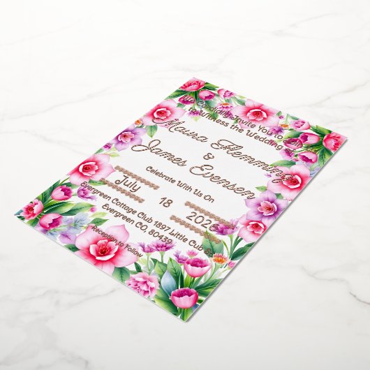 Roze en Paarse bloemen Folie uitnodiging (Gedraaid)