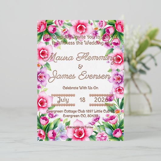 Roze en Paarse bloemen Folie uitnodiging (Staand Voorkant)