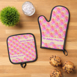Roze en paarse bloemen Galentijn Party Ovenwant & Pannenlap Set