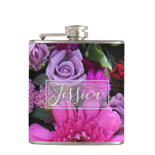 Roze en paarse bloemen gepersonaliseerd heupfles