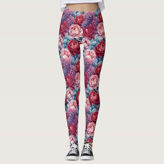 Roze en Paarse Bloemen Leggings (Voorkant)