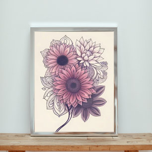 Roze en Paarse Bloemen Mandala Art Foto Afdruk