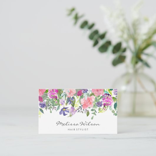 Roze en paarse bloemen Modern handschrift Visitekaartje (Staand voorkant)