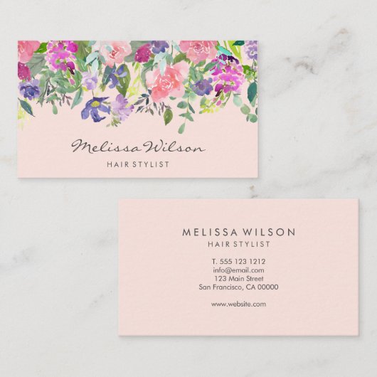 Roze en paarse bloemen Moderne handschrift Blush Visitekaartje (Voorkant / Achterkant)