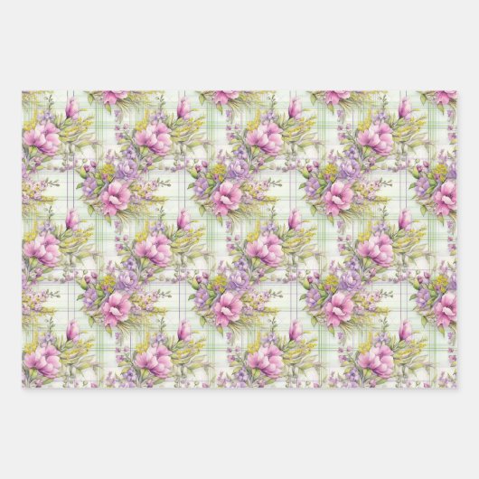 Roze en paarse bloemen op Plaid Inpakpapier Vel (Voorkant 2)