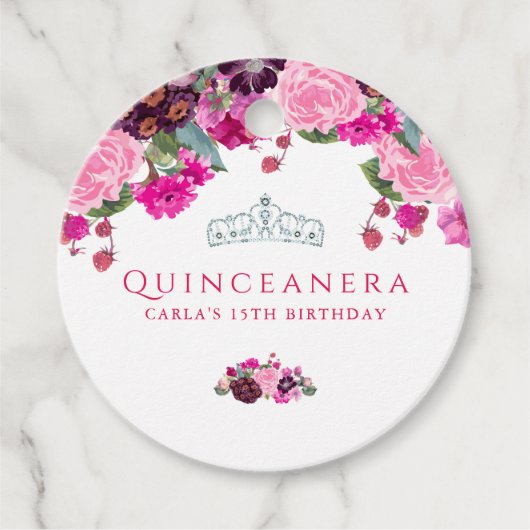 Roze en Paarse Bloemen Quinceanera Bedankjes Labels (Voorkant)
