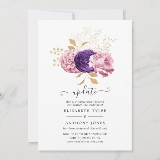 Roze en Paarse Bloemen Uitgestelde Bruiloft Update Kaart (Voorkant)