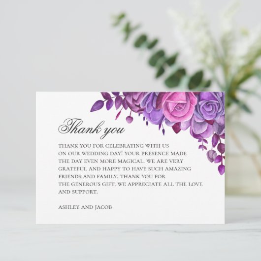 Roze en paarse bloemen. Waterverf lila bruiloft Bedankkaart (Staand voorkant)