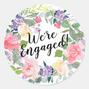 Roze en paarse bloemen We zijn verloofd Waterverf Ronde Sticker