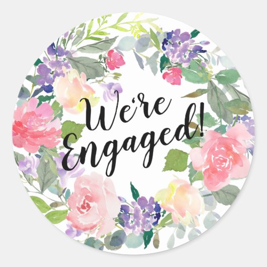 Roze en paarse bloemen We zijn verloofd Waterverf Ronde Sticker (Voorkant)